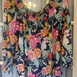 Umgee Navy Floral Blouse with Pink and Yellow Accents XL like new